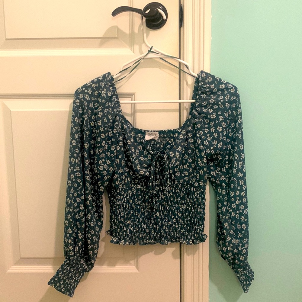 Green and White Floral Cottagecore Blouse